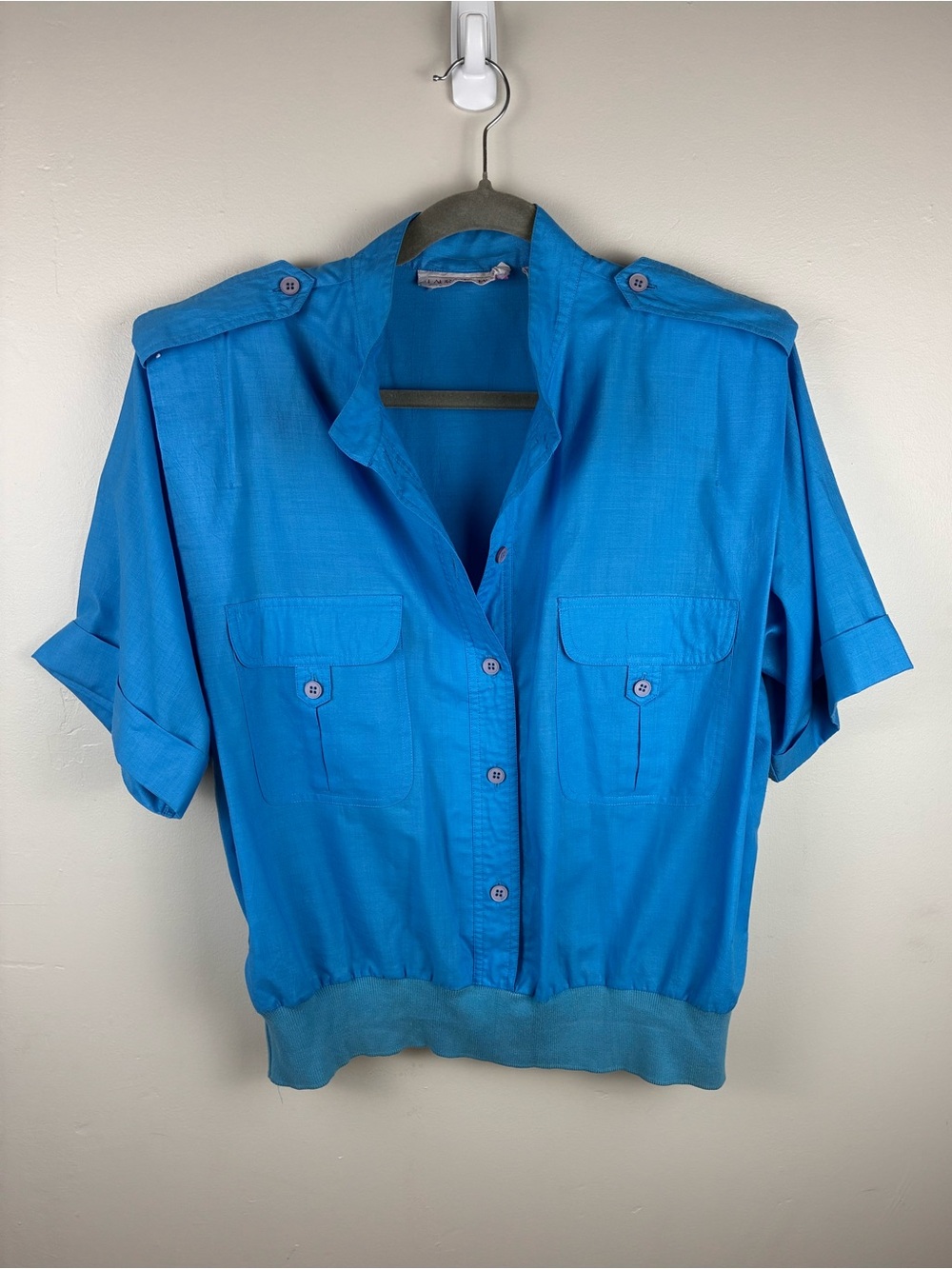 VTG Laura and Jayne Blue Short Sleeve Blouse Shoulder Pads Size 16 1980s